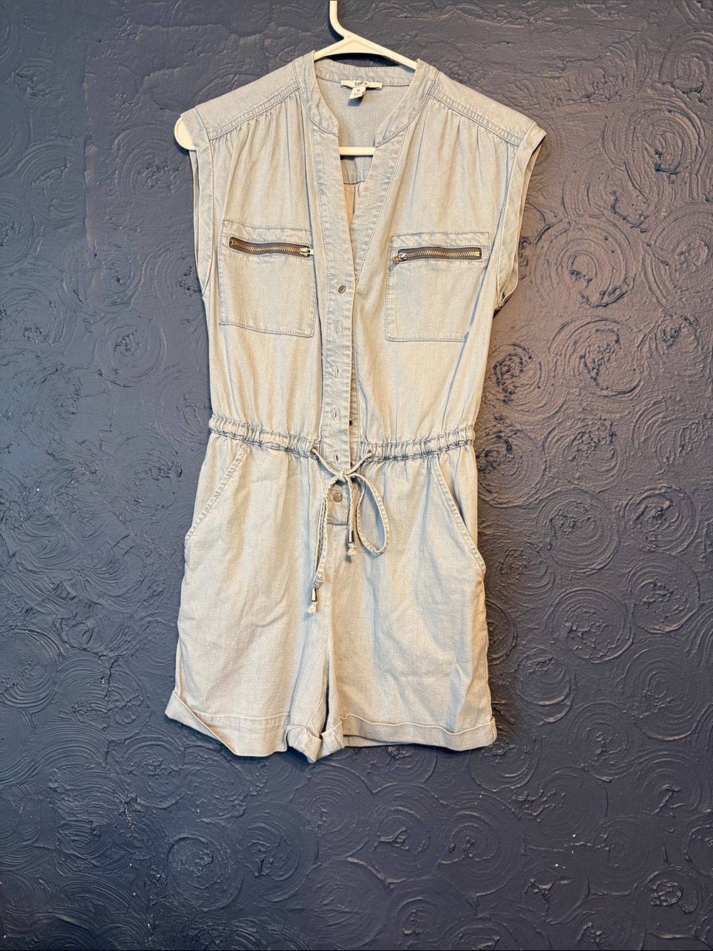 Bar III Light Blue Denim Utility Romper with Drawstring